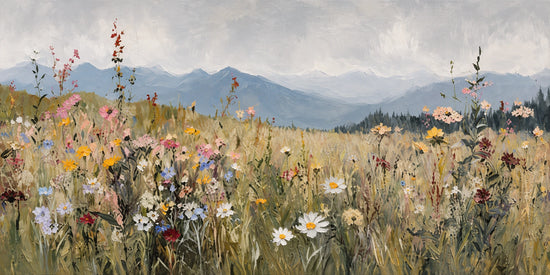 White daisies and scattered pink, yellow and violet wildflowers rise from a sunlit meadow beneath distant blue mountains. Full 2:1 artwork without a frame.