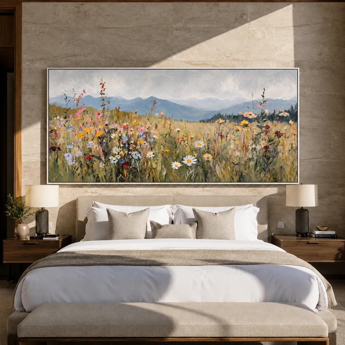 Meadow Distance painting above a bed against a textured stone wall.