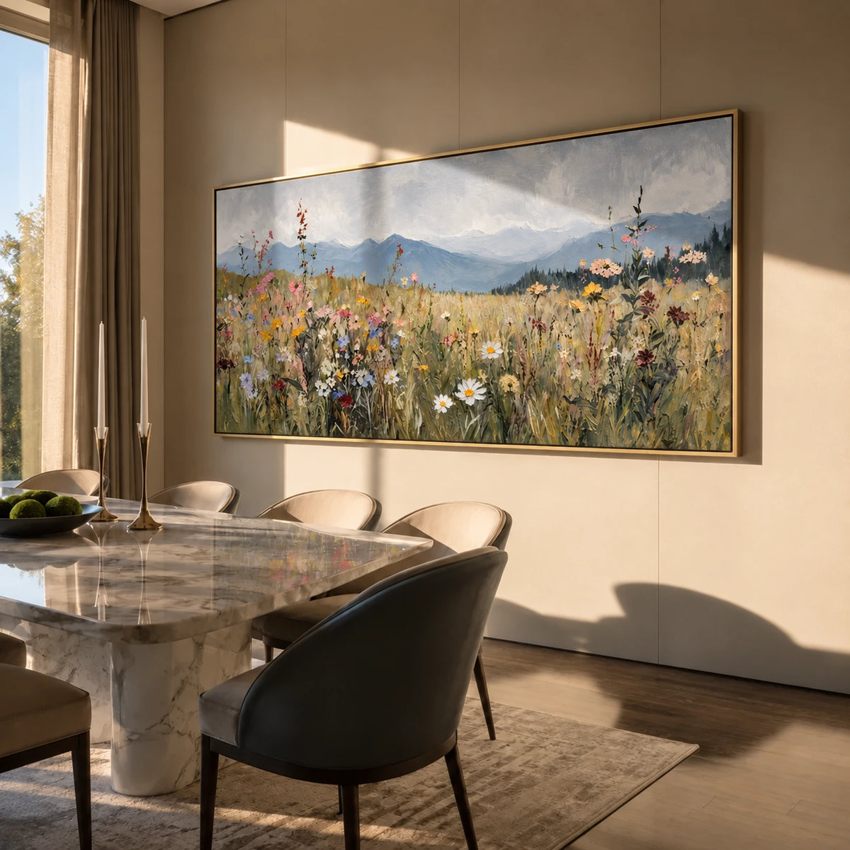 Meadow Distance painting beside a dining table and dark upholstered chairs.