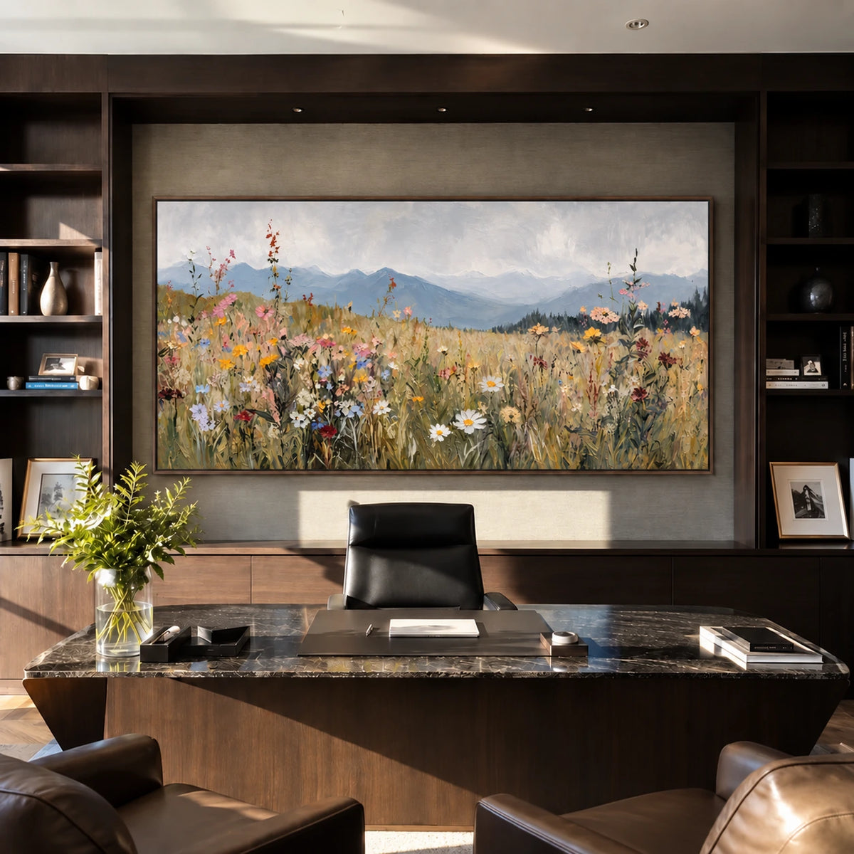 Meadow Distance painting above a desk in a dark wood study.