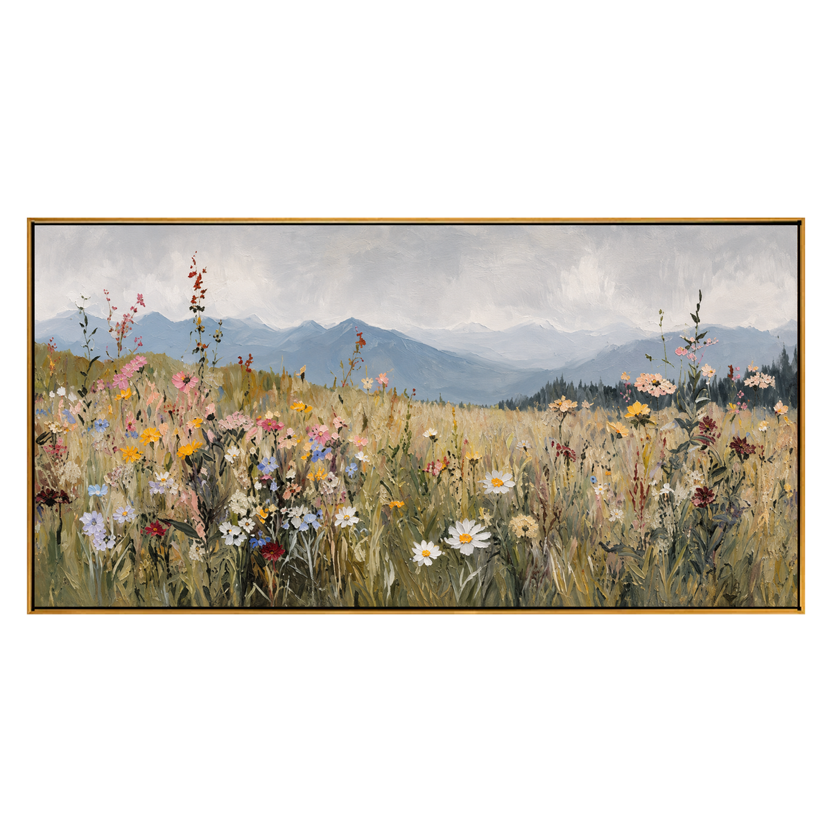 Meadow Distance panoramic artwork in a natural wood frame on a transparent background.