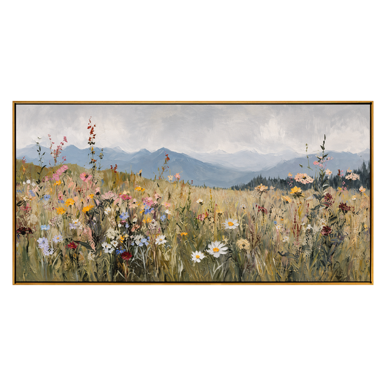 Meadow Distance panoramic artwork in a natural wood frame on a transparent background.