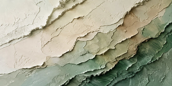 Broken layers of ivory, sand and sage sweep diagonally toward a deep green corner. Full 2:1 artwork without a frame.
