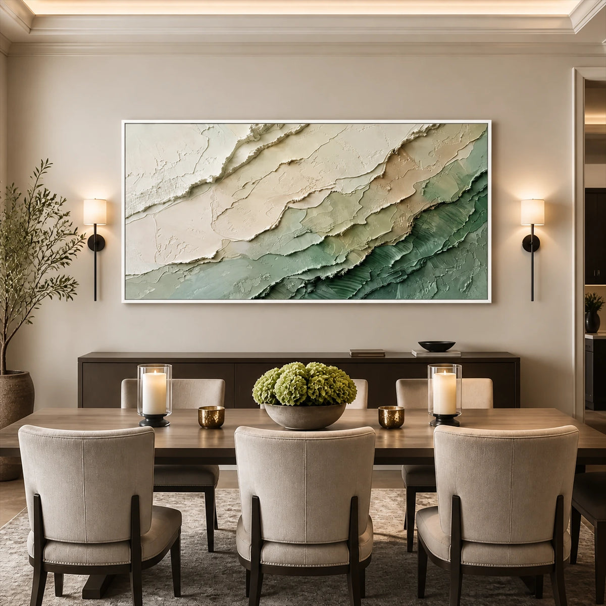 Verdant Layers painting above a dining table with pale upholstered chairs.
