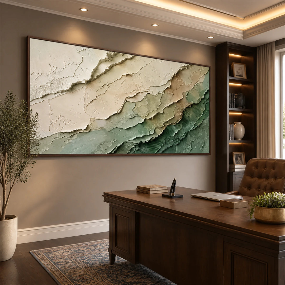 Verdant Layers painting above a wooden desk in a warm study.