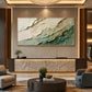 Verdant Layers painting above a stone console in an elegant lounge.