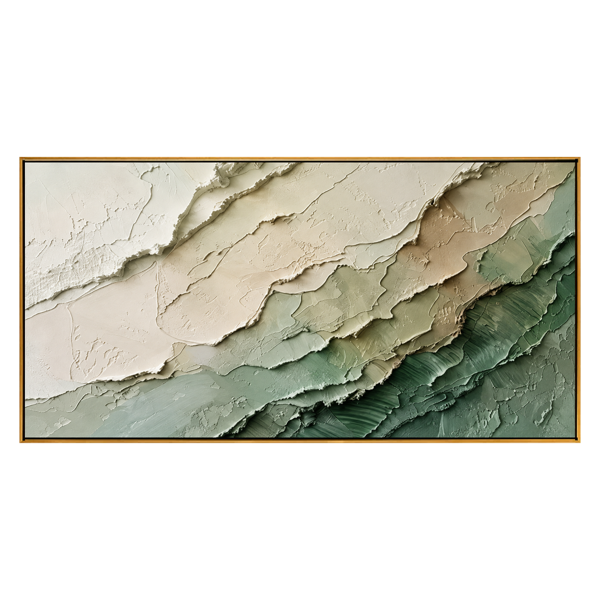 Verdant Layers panoramic artwork in a natural wood frame on a transparent background.