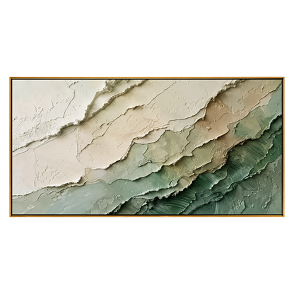 Verdant Layers panoramic artwork in a natural wood frame on a transparent background.