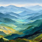 Blue mountain ridges recede into a pale sky, opening around a sunlit green valley. Full 2:1 artwork without a frame.
