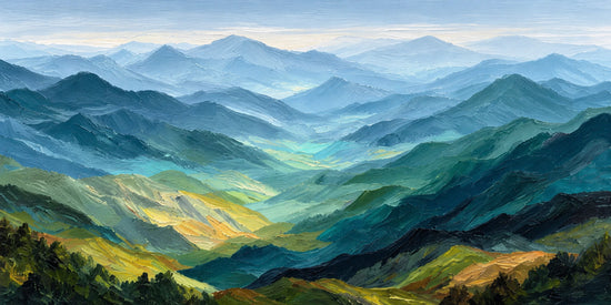 Blue mountain ridges recede into a pale sky, opening around a sunlit green valley. Full 2:1 artwork without a frame.