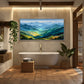 Sunlit Ridges painting above a bathtub beside plants.