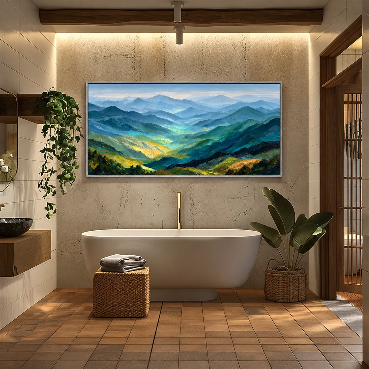 Sunlit Ridges painting above a bathtub beside plants.