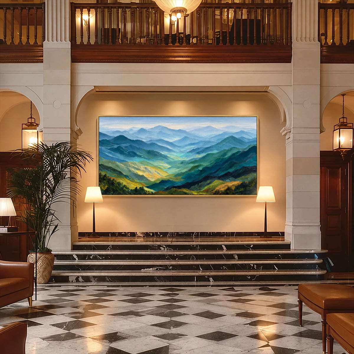Sunlit Ridges painting in a tall entrance hall.
