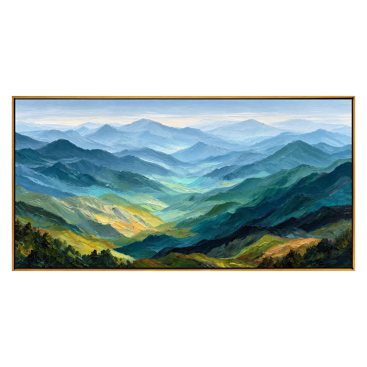 Sunlit Ridges panoramic artwork in a natural wood frame on a transparent background.
