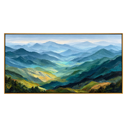 Sunlit Ridges panoramic artwork in a natural wood frame on a transparent background.