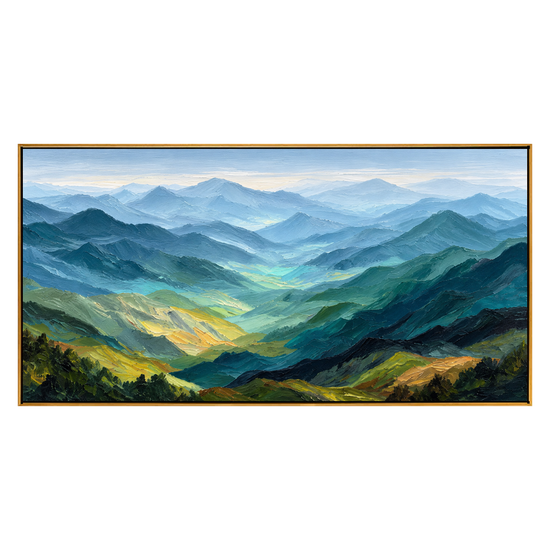 Sunlit Ridges panoramic artwork in a natural wood frame on a transparent background.