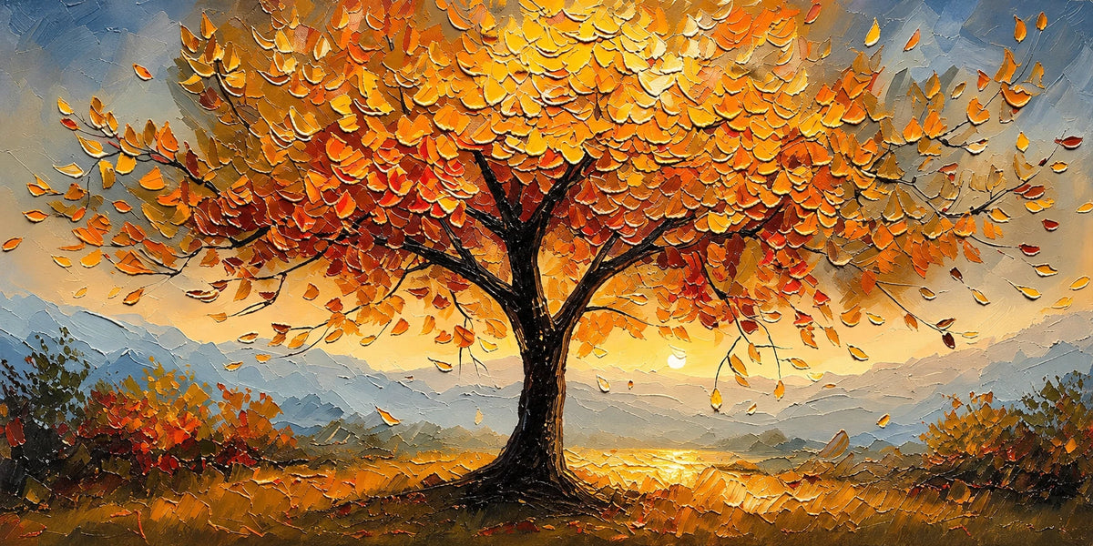 A dark branching tree spreads a luminous canopy of amber and gold against a soft blue sky. Full 2:1 artwork without a frame.