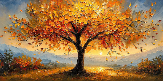 A dark branching tree spreads a luminous canopy of amber and gold against a soft blue sky. Full 2:1 artwork without a frame.