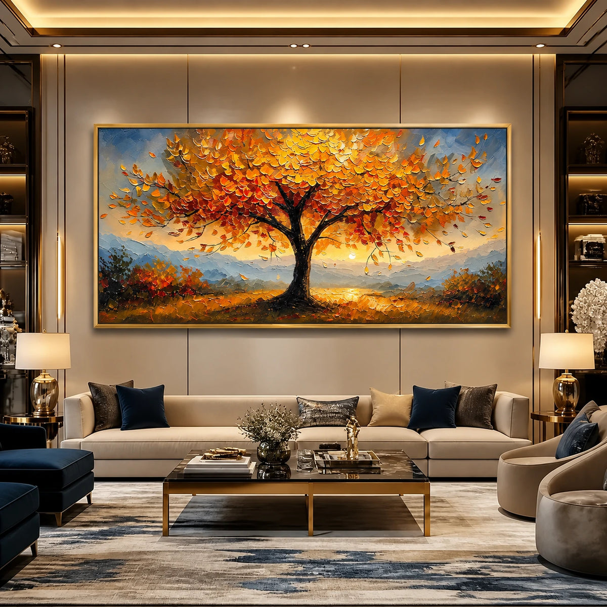 Amber Canopy painting above a pale sofa.