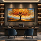 Amber Canopy painting above a dark desk and blue chairs.