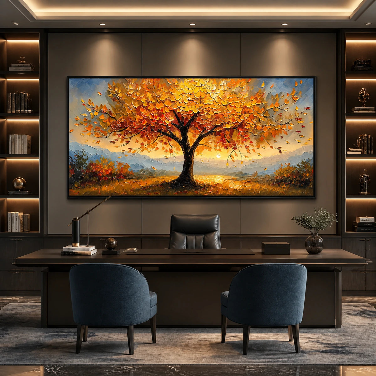 Amber Canopy painting above a dark desk and blue chairs.