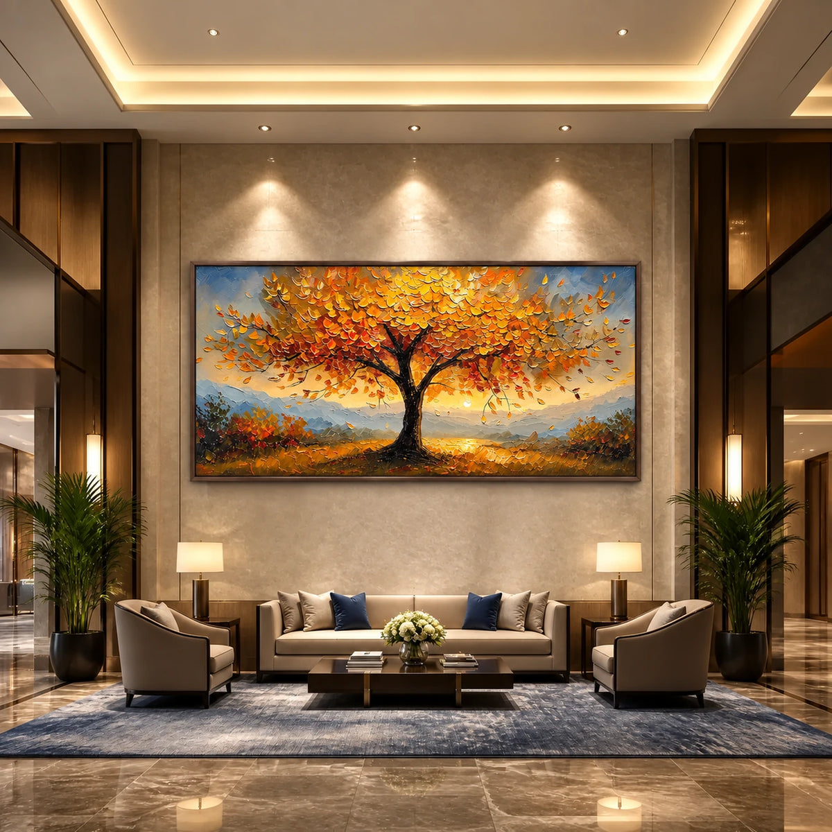 Amber Canopy painting above lounge seating.