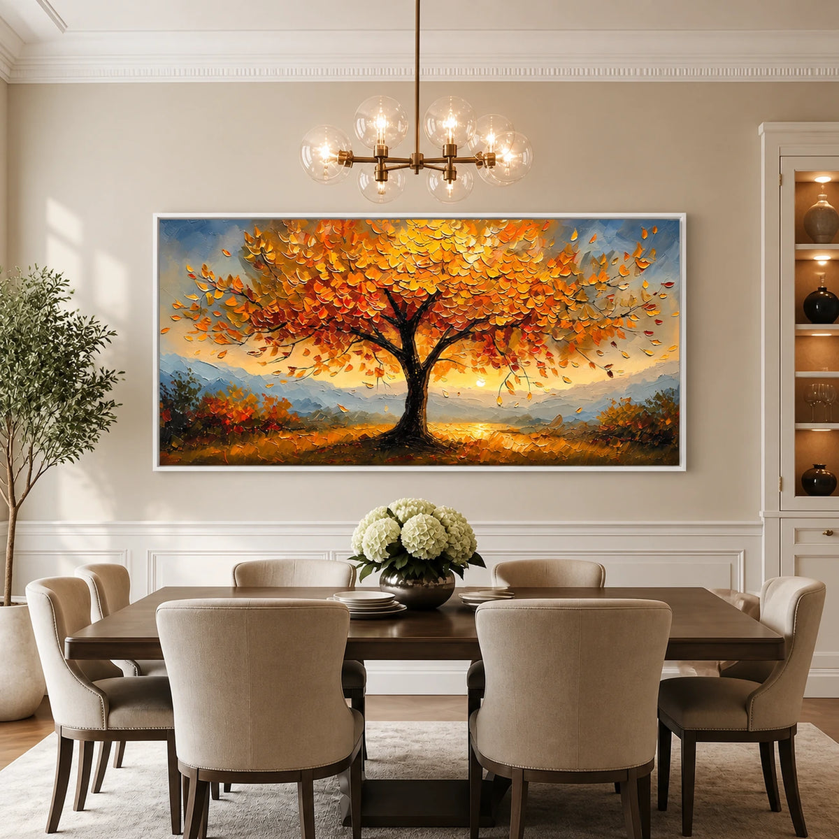 Amber Canopy painting above a dining table and cream chairs.
