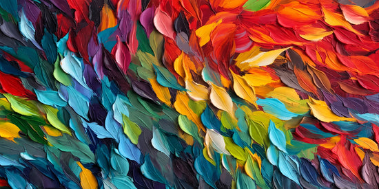 Vivid strokes of red, turquoise, yellow and violet overlap in a sweeping abstract rhythm. Full 2:1 artwork without a frame.