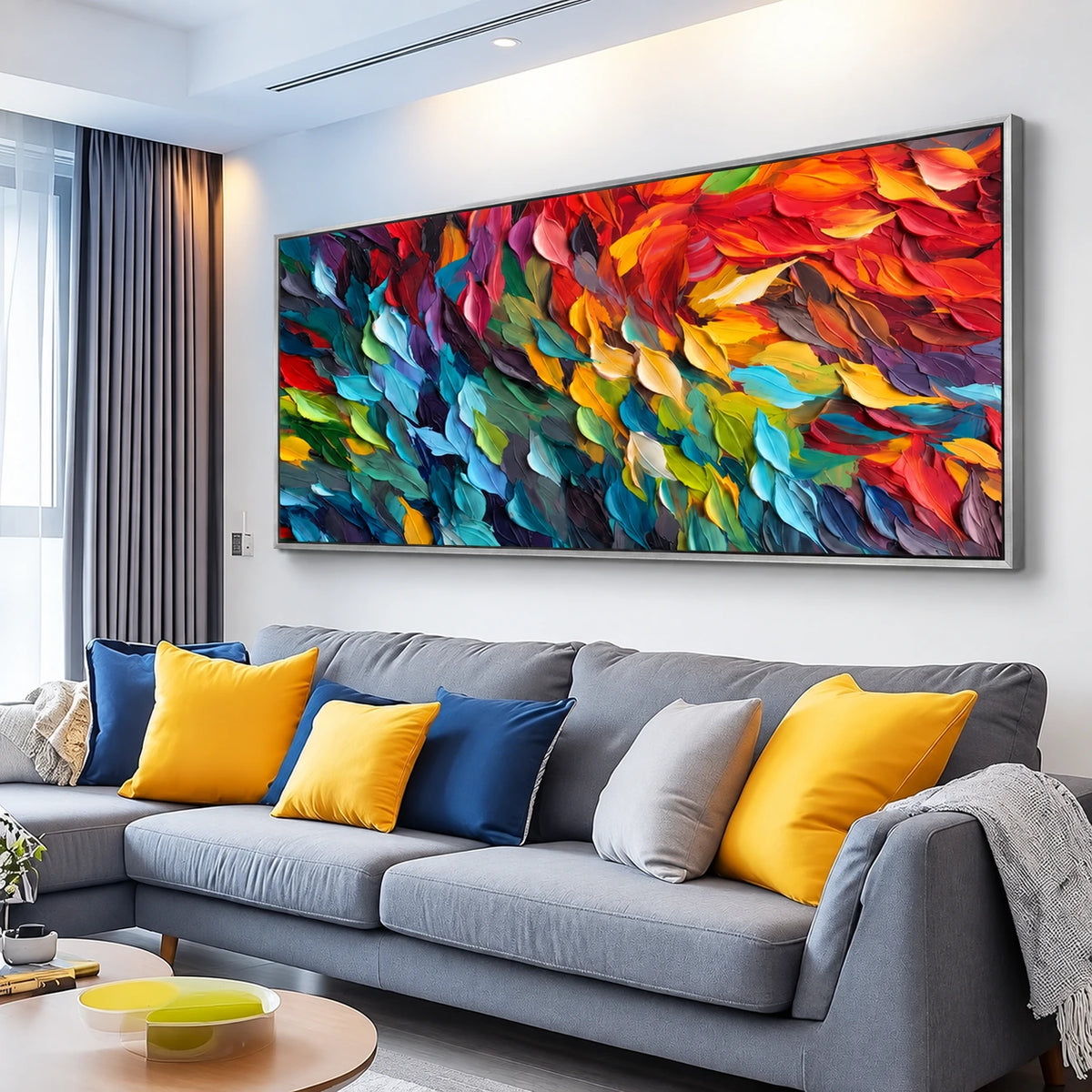 Prismatic Rhythm painting above a gray sectional beside windows.
