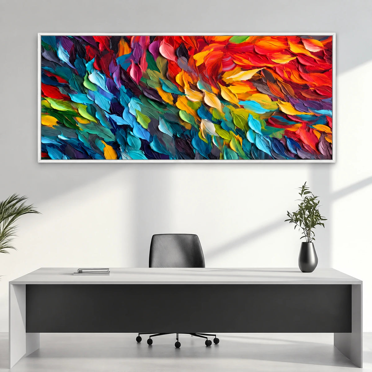 Prismatic Rhythm painting above a black desk.