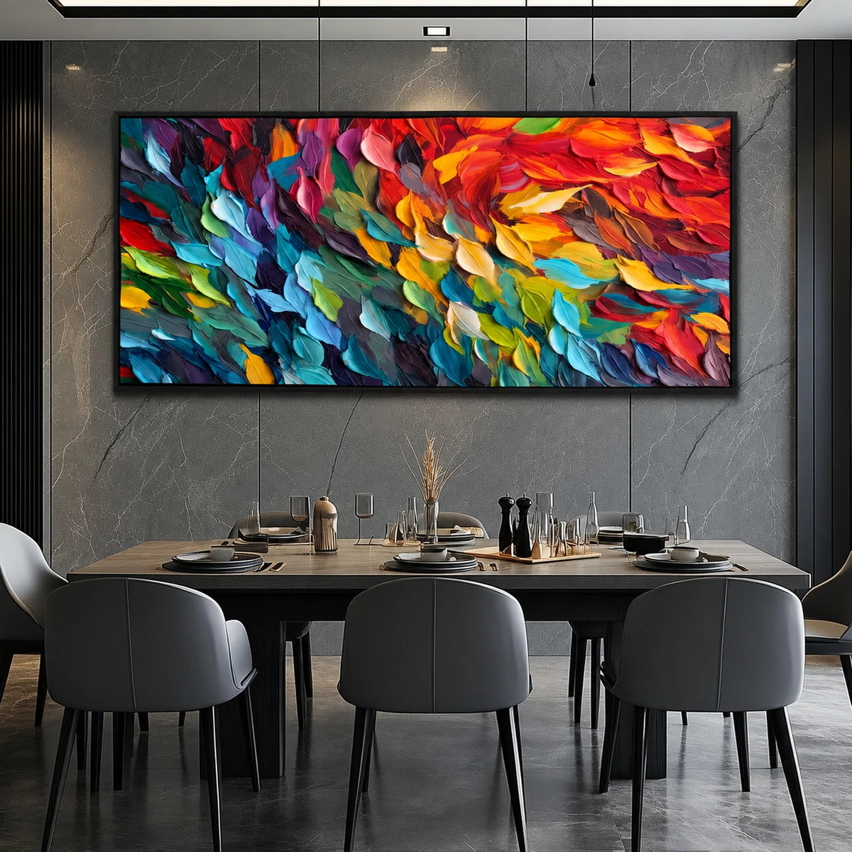 Prismatic Rhythm painting above a dark dining table.