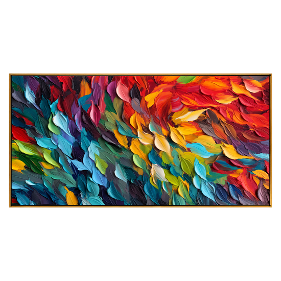 Prismatic Rhythm panoramic artwork in a natural wood frame on a transparent background.
