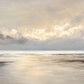 Soft golden light breaks through a veil of gray clouds above a quiet shoreline. Full 2:1 artwork without a frame.