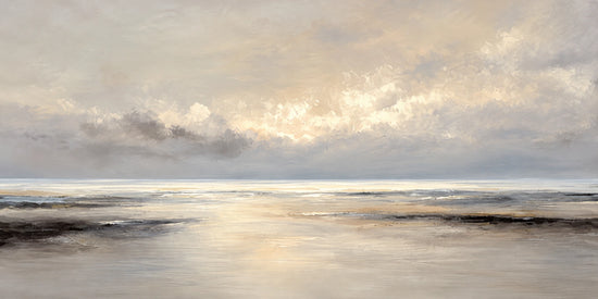 Soft golden light breaks through a veil of gray clouds above a quiet shoreline. Full 2:1 artwork without a frame.