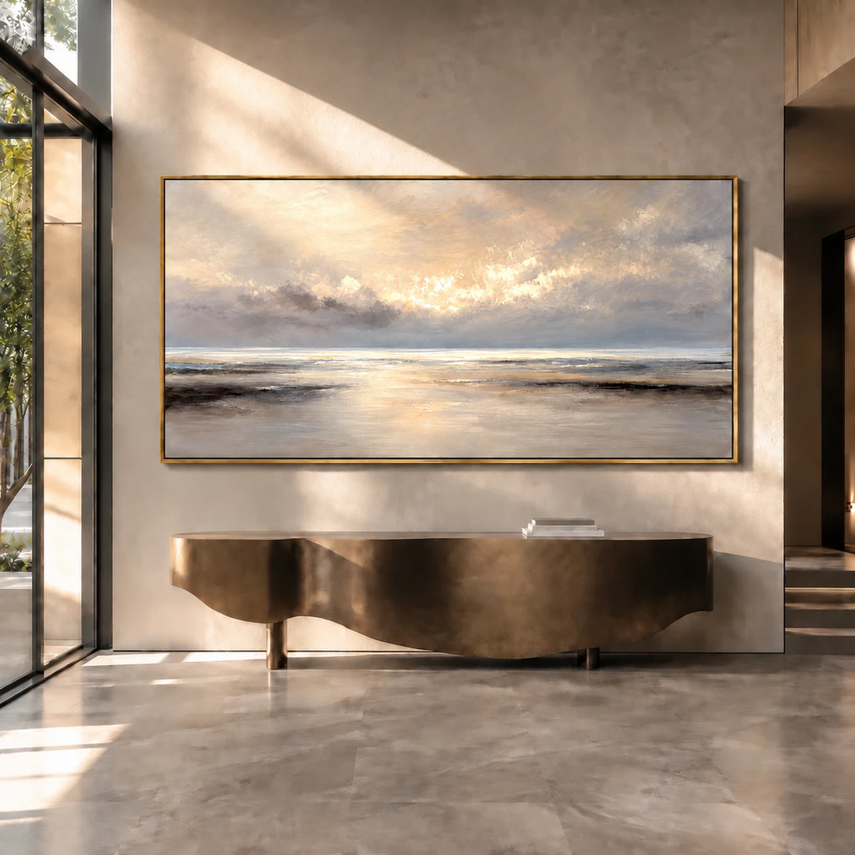 Quiet Tide painting above a curved console.