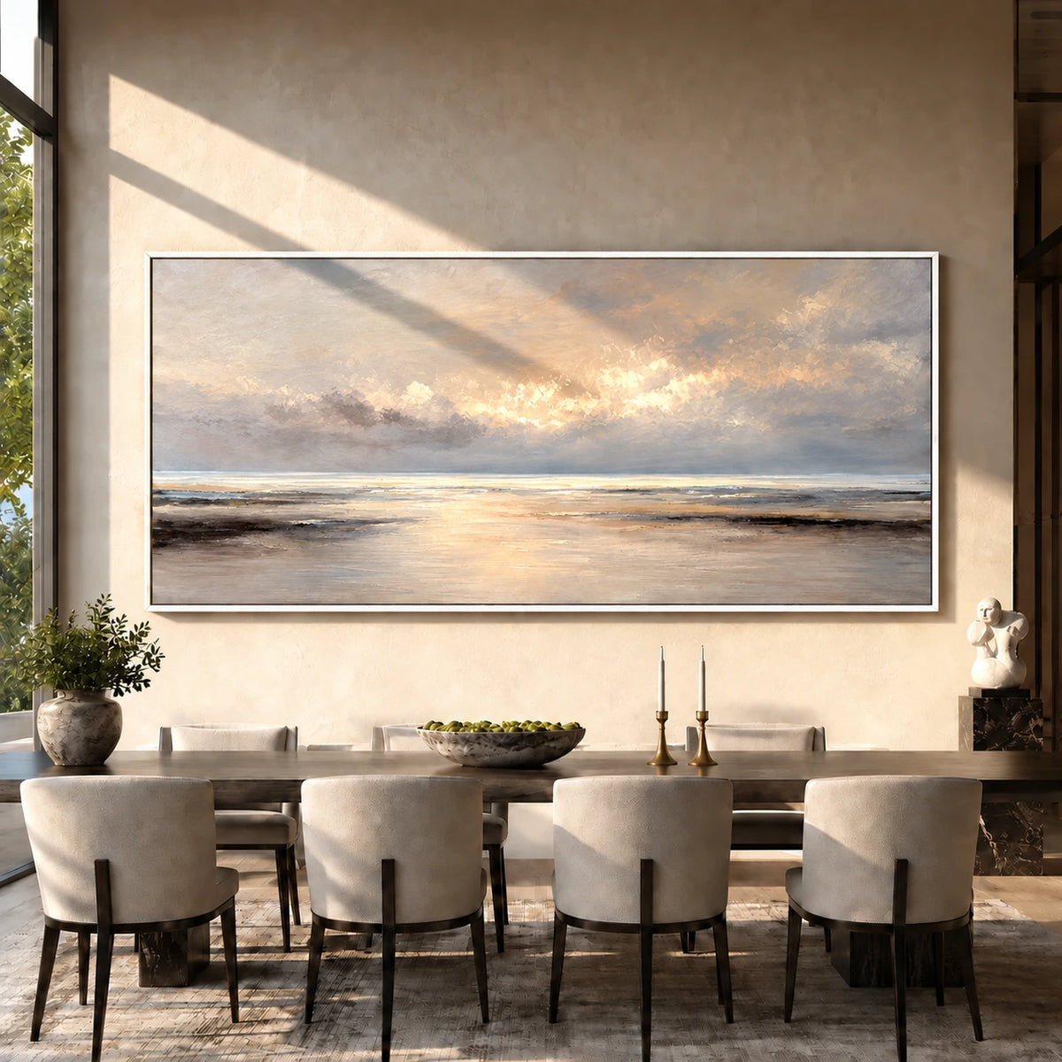 Quiet Tide painting above a dining table.