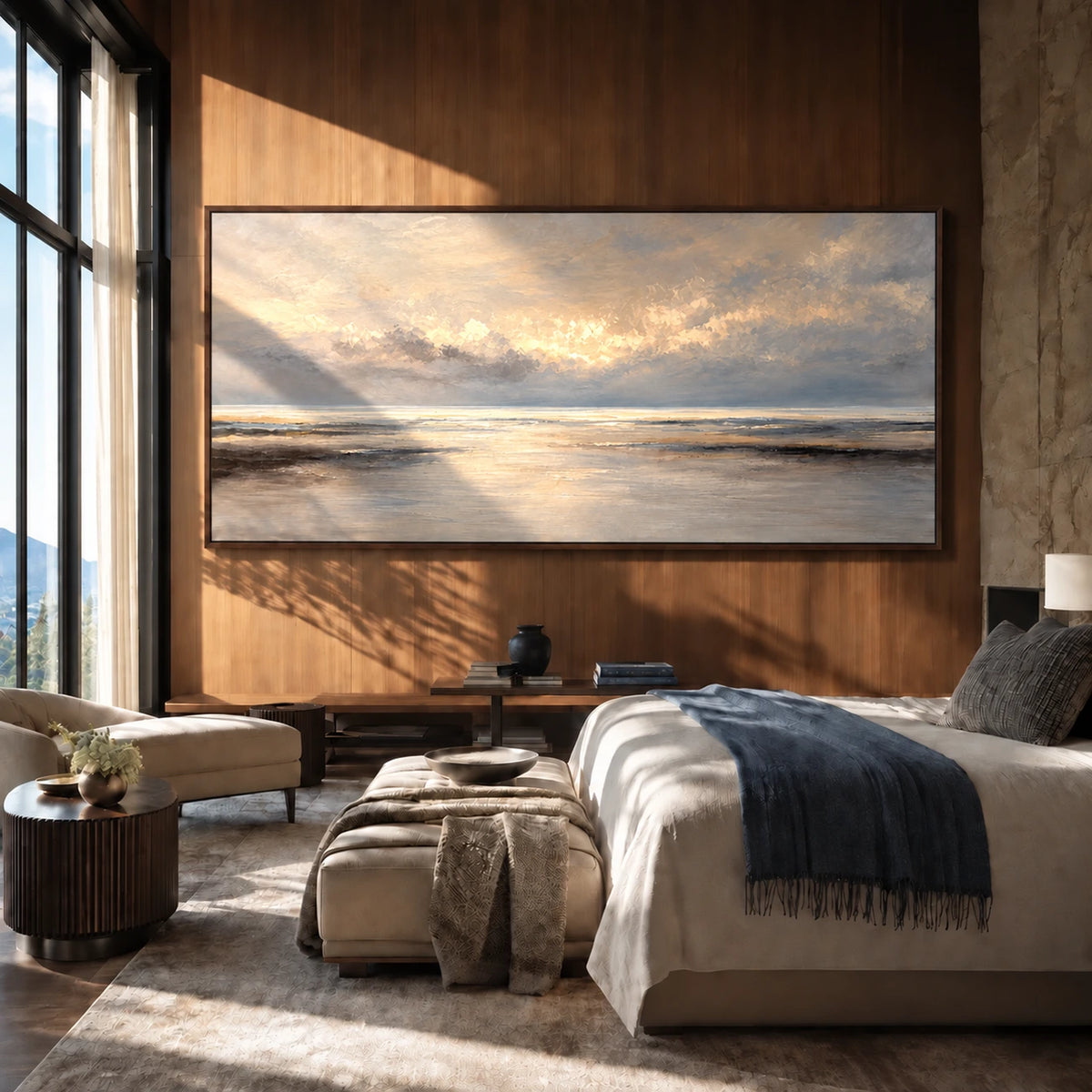 Quiet Tide painting above a bed beside tall windows.