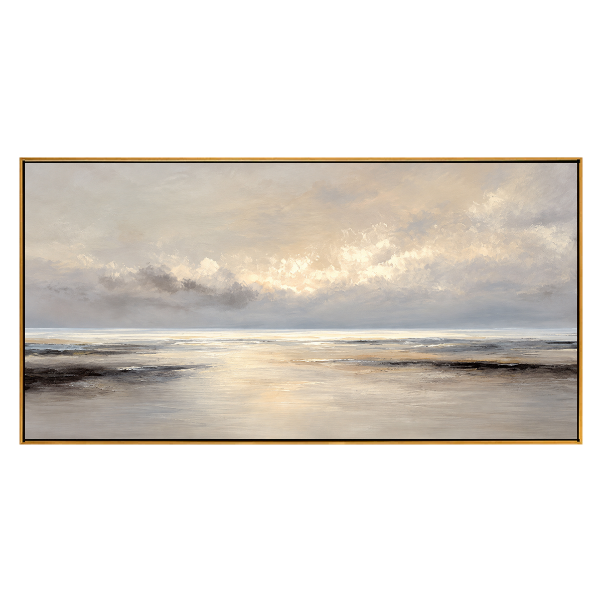 Quiet Tide panoramic artwork in a natural wood frame on a transparent background.