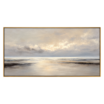 Quiet Tide panoramic artwork in a natural wood frame on a transparent background.