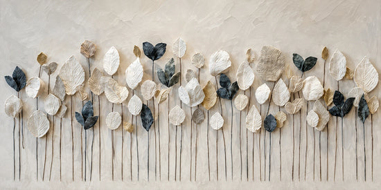 Ivory and sand-colored leaves rise on slender stems against a softly textured cream ground. Full 2:1 artwork without a frame.