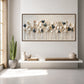 Quiet Foliage botanical painting above a floating console beside a tall cactus.