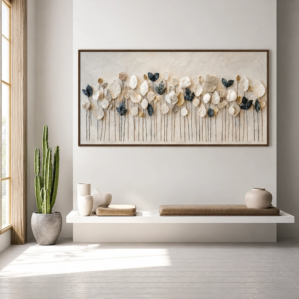 Quiet Foliage botanical painting above a floating console beside a tall cactus.
