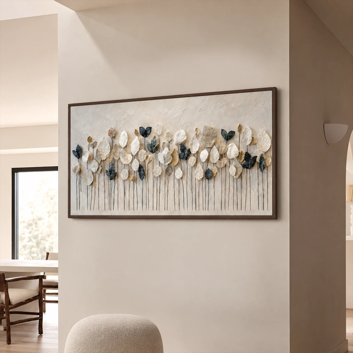 Quiet Foliage botanical painting on a pale wall beside a dining area.