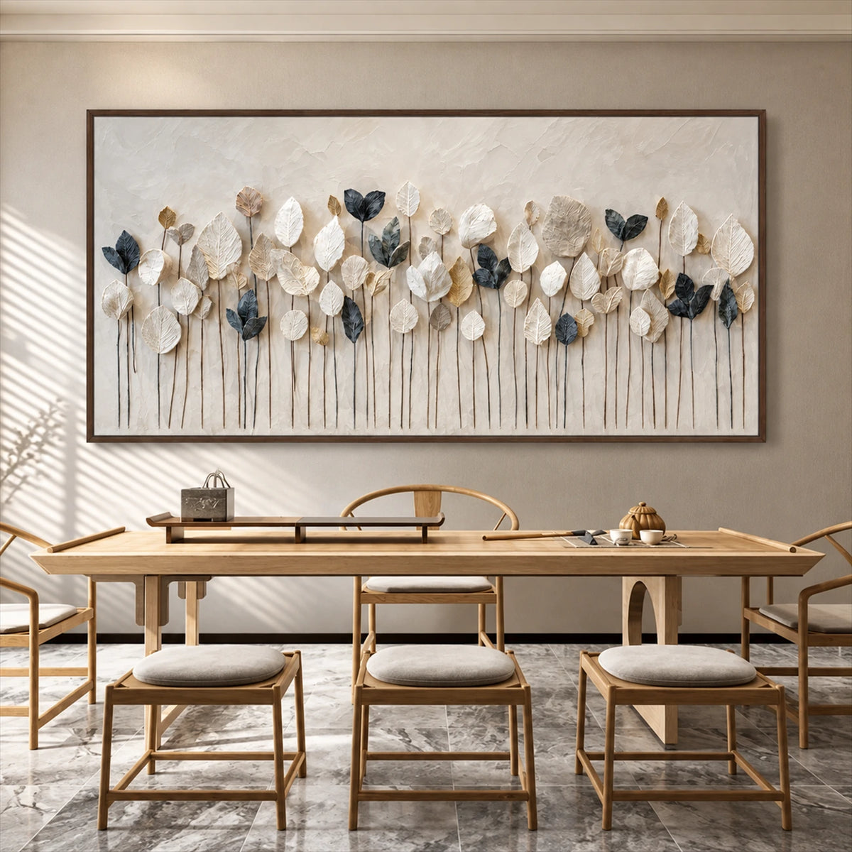 Quiet Foliage botanical painting above a wooden dining table and chairs.
