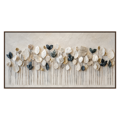 Quiet Foliage panoramic artwork in a brown wood frame on a transparent background.