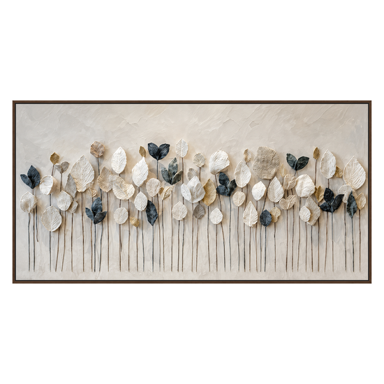 Quiet Foliage panoramic artwork in a brown wood frame on a transparent background.
