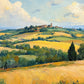 Golden fields roll toward a distant hilltop village beneath broad white clouds. Full 2:1 artwork without a frame.