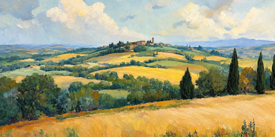 Golden fields roll toward a distant hilltop village beneath broad white clouds. Full 2:1 artwork without a frame.