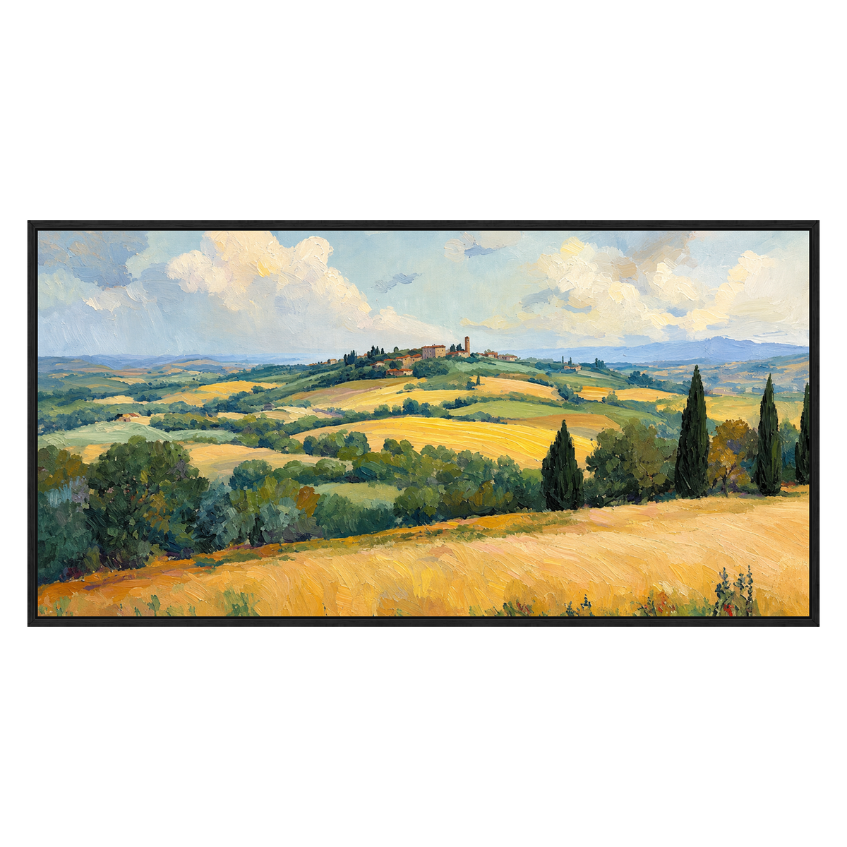 Golden Hills panoramic artwork in a black frame on a transparent background.