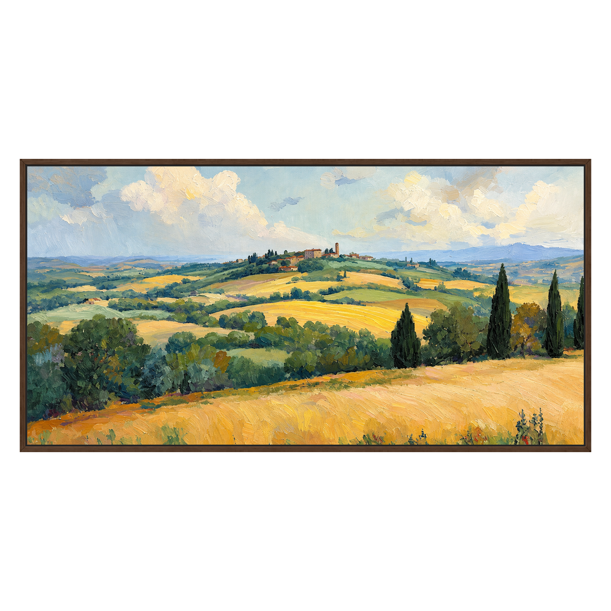 Golden Hills panoramic artwork in a brown wood frame on a transparent background.